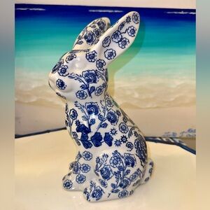 Floral Blue and White Porcelain Bunny Rabbit Figurine